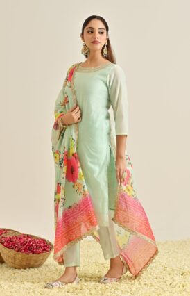 Mint Festive Embroidered Kurta Set with Printed Dupatta & Round Yoke Detail