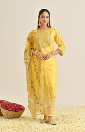 Yellow Festive Embroidered Kurta Set with Embroidered Dupatta & Yoke Detail