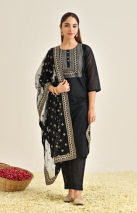 Black Festive Embroidered Kurta Set with Embroidered Dupatta
