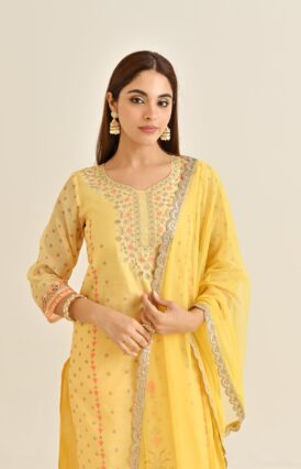 Mango Yellow Floral Straight Kurta Set with Yoke Embroidery & Dupatta