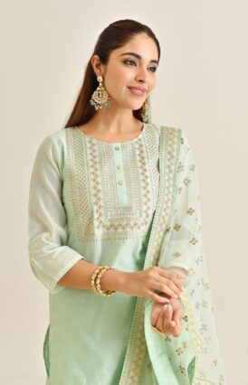 Mint Festive Embroidered Kurta Set with Embroidered Dupatta