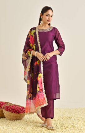 Burgundy Festive Embroidered Kurta Set with Printed Dupatta & Round Yoke Detail