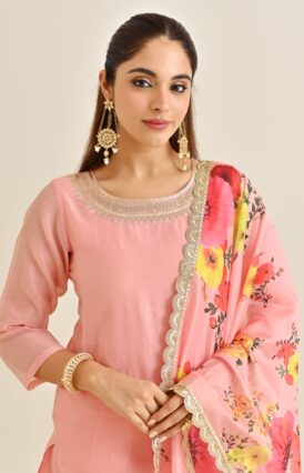 Pink Festive Embroidered Kurta Set with Printed Dupatta & Round Yoke Detail