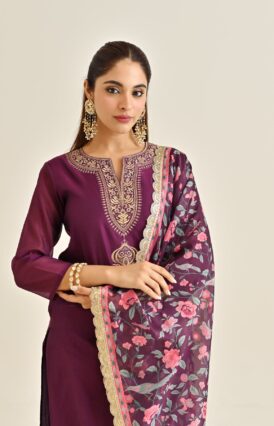 Burgundy Straight Festive Kurta Set with Printed Dupatta & Yoke Detail