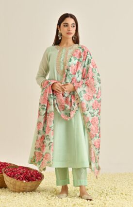 Mint Blue Anarkali Set with Floral Printed Dupatta & Yoke Embroidery