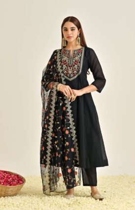 Black Festive Anarkali Set with Embroidered Dupatta & Yoke Detail