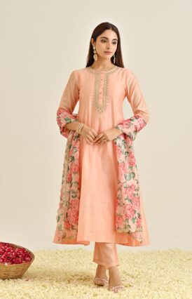 Peach Anarkali Set with Floral Printed Dupatta & Yoke Embroidery