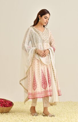 Off White Traditional Anarkali Set with Yoke Embroidery & Dupatta