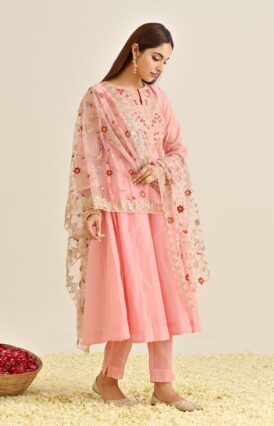 Light Pink Festive Anarkali Set with Embroidered Dupatta & Yoke Detail
