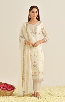 Off White Floral Straight Kurta Set with Yoke Embroidery & Dupatta