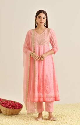 Pink Traditional Anarkali Set with Yoke Embroidery & Dupatta
