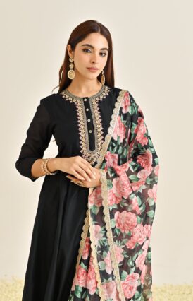 Black Anarkali Set with Floral Printed Dupatta & Yoke Embroidery