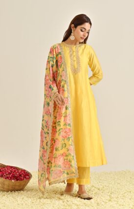 Mango Yellow Anarkali Set with Floral Printed Dupatta & Yoke Embroidery
