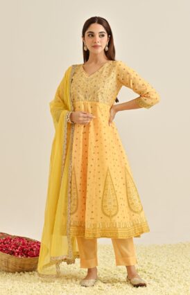 Mango Yellow Traditional Anarkali Set with Yoke Embroidery & Dupatta