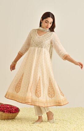 Off White Mustard Traditional Anarkali Set with Yoke Embroidery & Dupatta