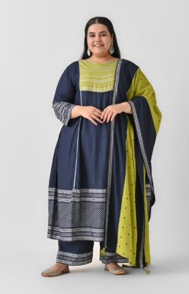 Blue & Olive Silver Printed Flared Kurta Dupatta Set with Gota Details - SOM