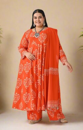 Orange Flared Kurta Dupatta Pant Set with Pompom Details - SOM