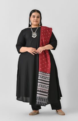 Black Flared Kurta Palazzo Set with Maroon Polka & Black Buta Dupatta - SOM