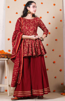Maroon Festive Gold Printed Kurta Set with Dupatta for Women