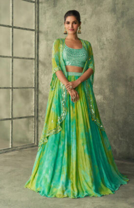 Green Art Silk Mirror Work Lehenga Set