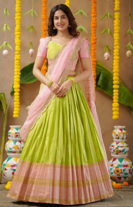 Navya Soft Silk Lehenga Set In Lime Green for Weddings