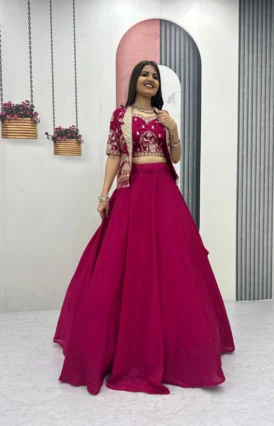 Designer Chinon Lehenga with Embroidered Blouse and Heavy Work Jacket